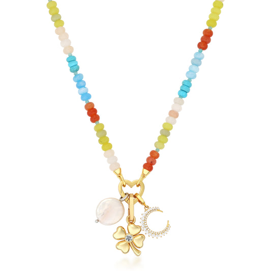 MULTI COLOR SEMI PRECIOUS BEAD NECKLACE WITH HEART LOCK