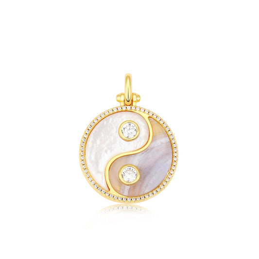 YIN & YANG  CHARM PENDANT WITH MOTHER OF PEARL AND BLUE LACE AGATE
