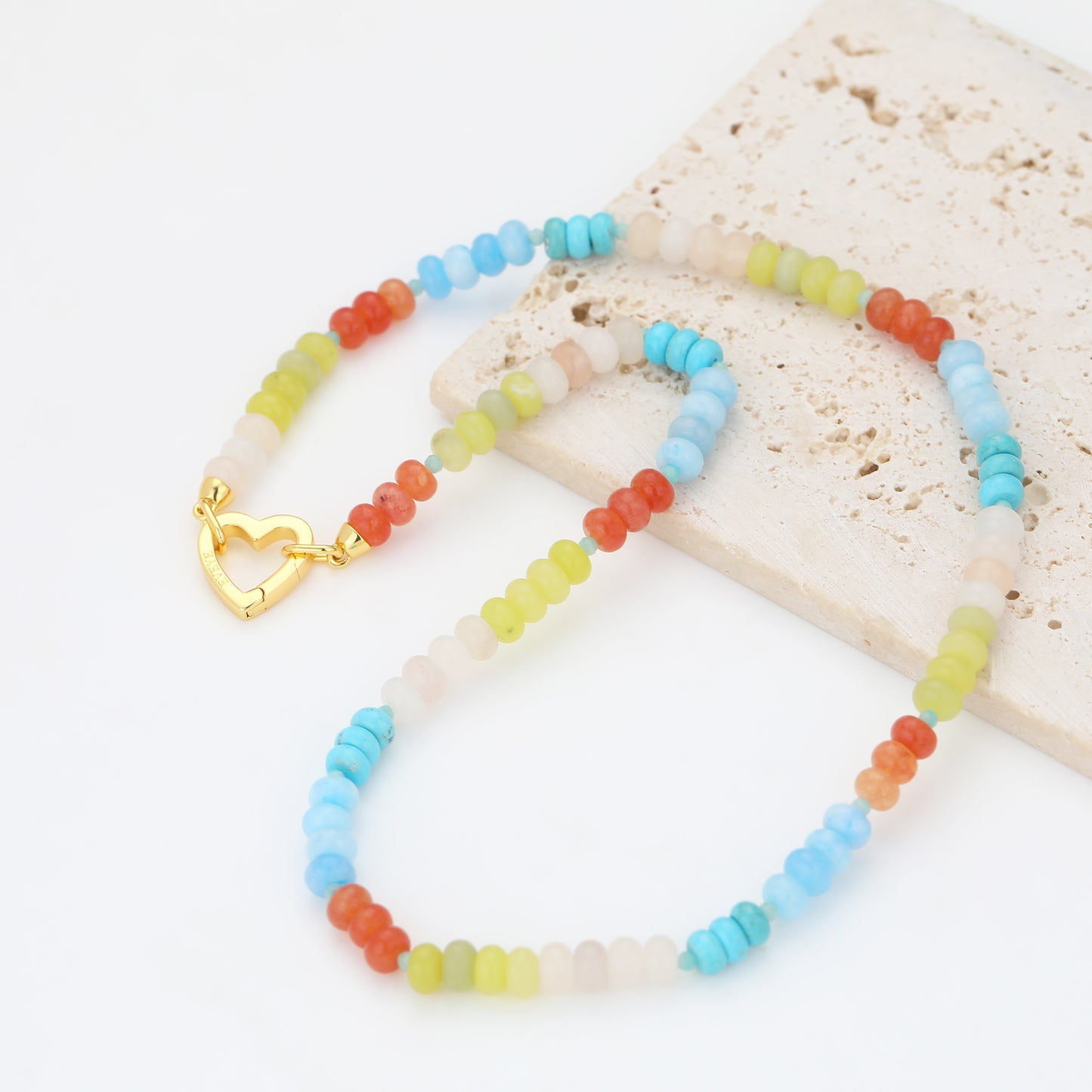 MULTI COLOR SEMI PRECIOUS BEAD NECKLACE WITH HEART LOCK