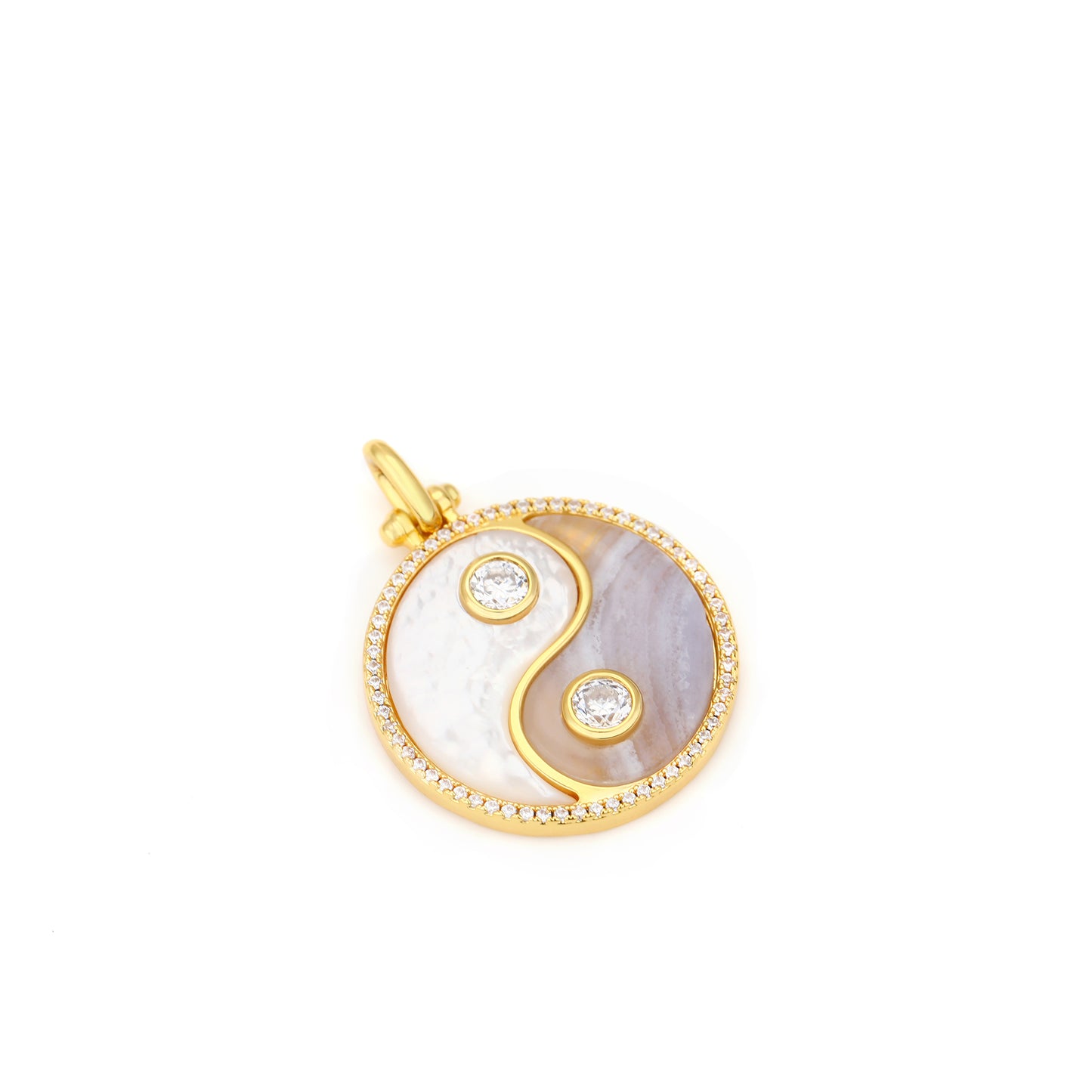 YIN & YANG  CHARM PENDANT WITH MOTHER OF PEARL AND BLUE LACE AGATE