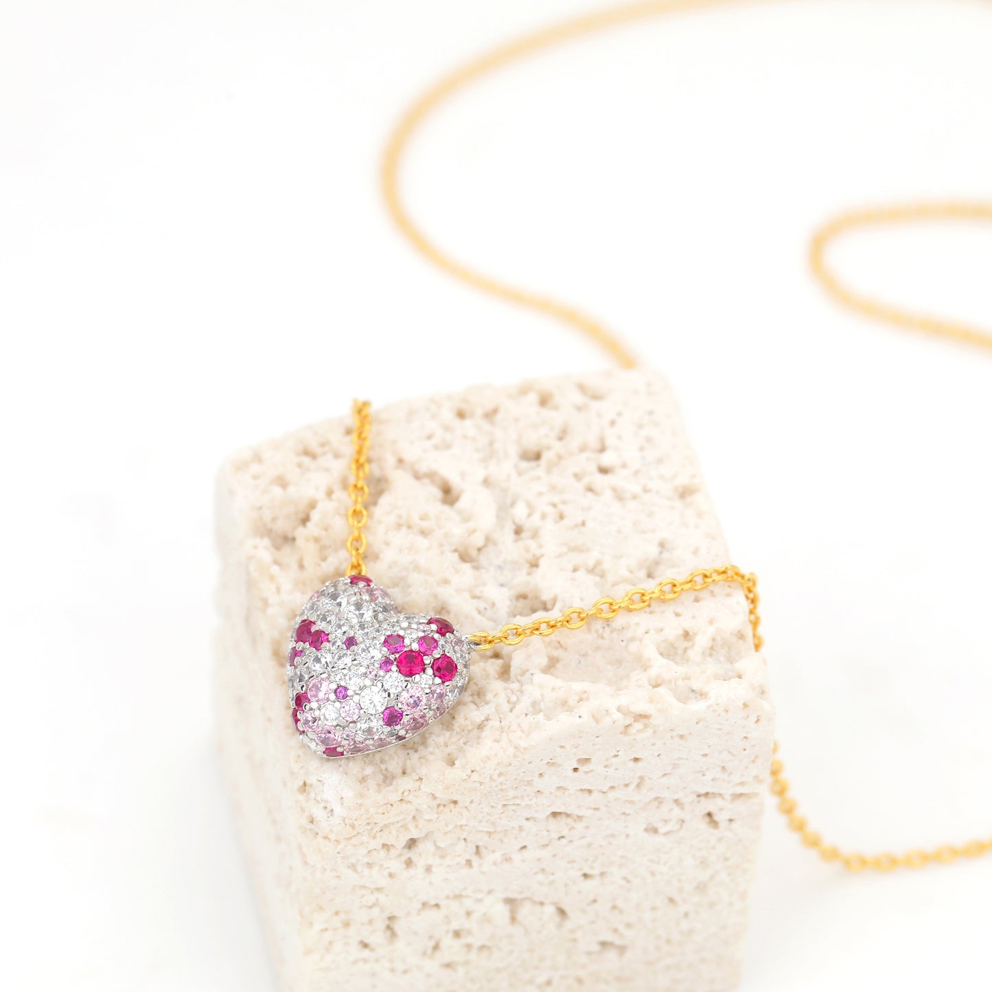 PINK STONE CRYSTAL PAVE HEART NECKLACE