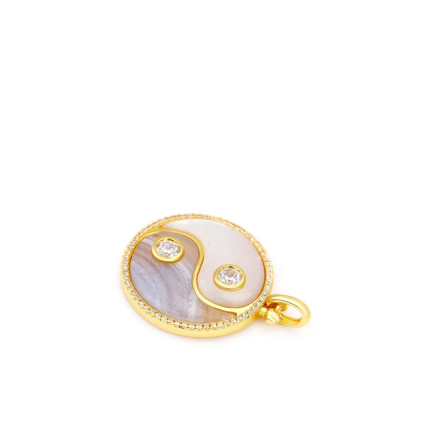 YIN & YANG  CHARM PENDANT WITH MOTHER OF PEARL AND BLUE LACE AGATE