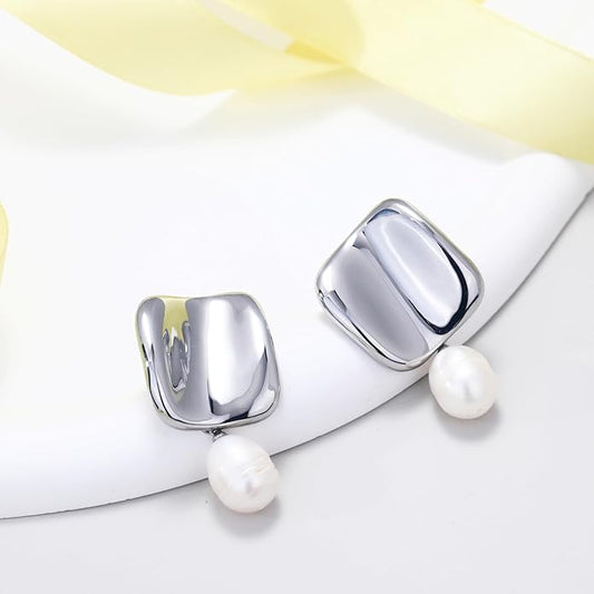 Square Dangle Drop Earrings Pearl Drop
